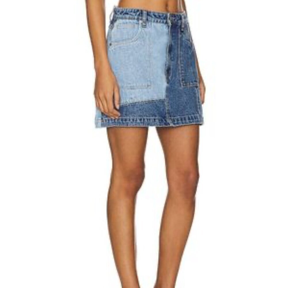 NWT Abrand Aline Patchwork Blue Denim Skirt Size 32